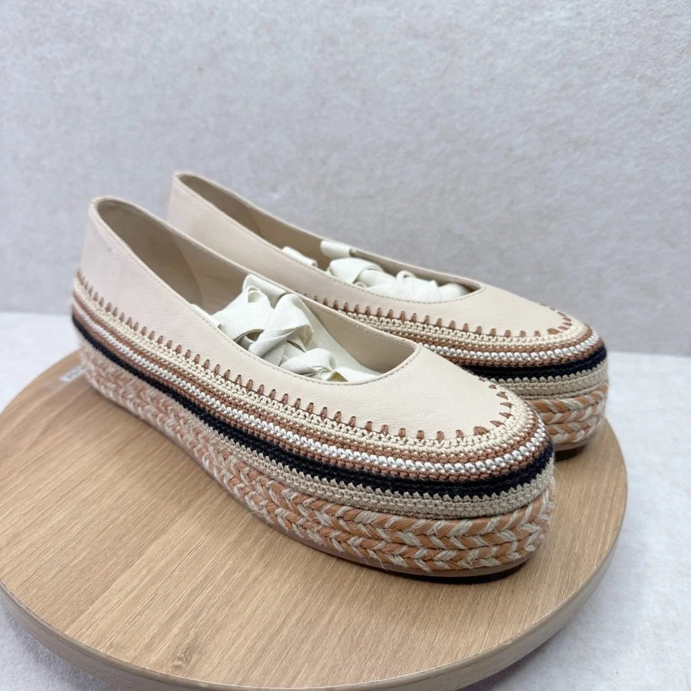 Ulla Johnson Espadrille Platform Flats Leather Woven Cream Size 38.5 8‎ - Picture 2 of 11